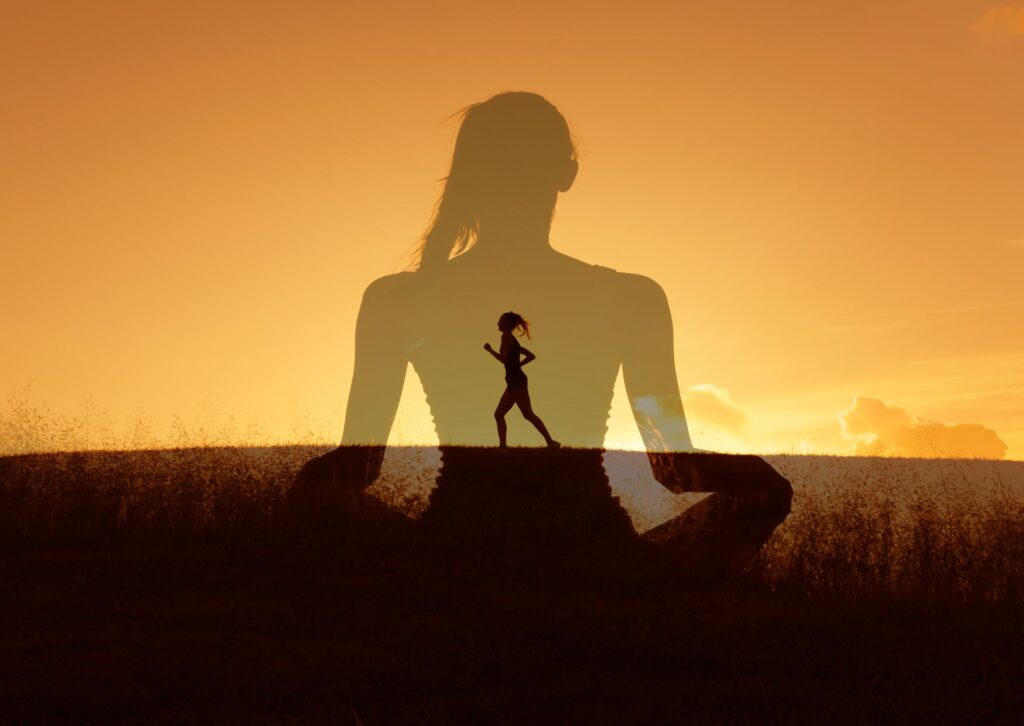 a lady running inside the shadow of a health and wellness spirit