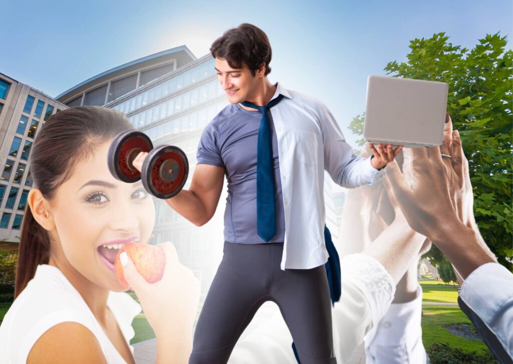 creating-a-wellness-culture-in-the-workplace-blog-cover-with-man-half-dressed-in-gym-clothes-half-in-office-clothes-woman-eating-apple-in-background