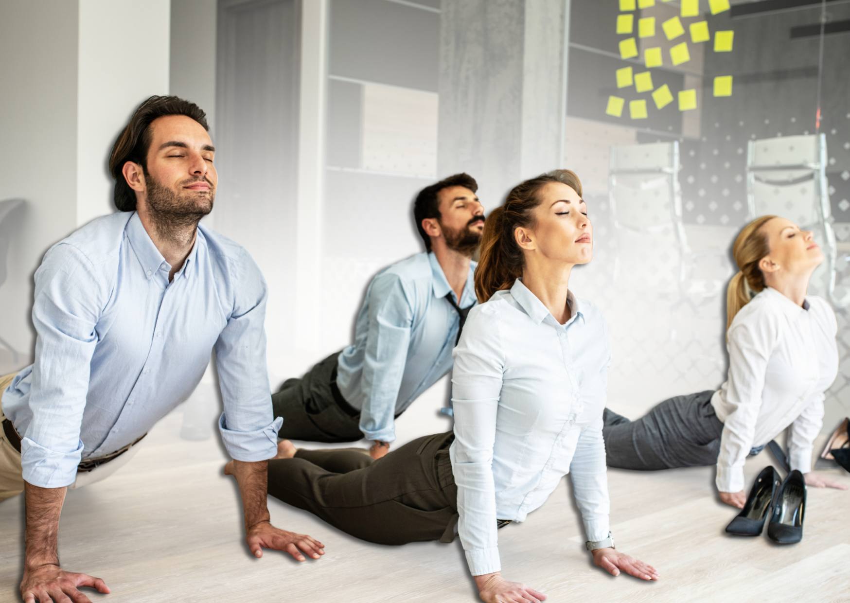 employees-doing-fitness-in-the-workplace-adopting-a-yoga-pose
