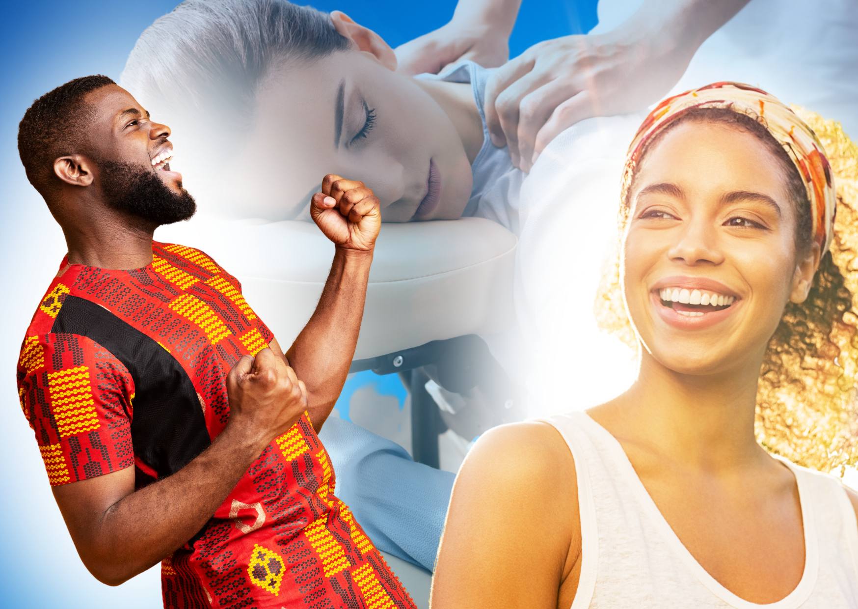 man-celebrating-on-the-left-woman-smiling-on-the-right-lady-getting-on-site-massage-in-the-background