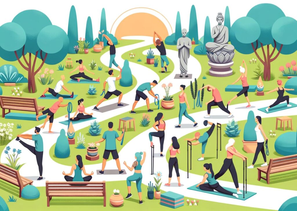 Illustration of a serene garden setting where diverse people of various ages are engaged in stretching exercises.