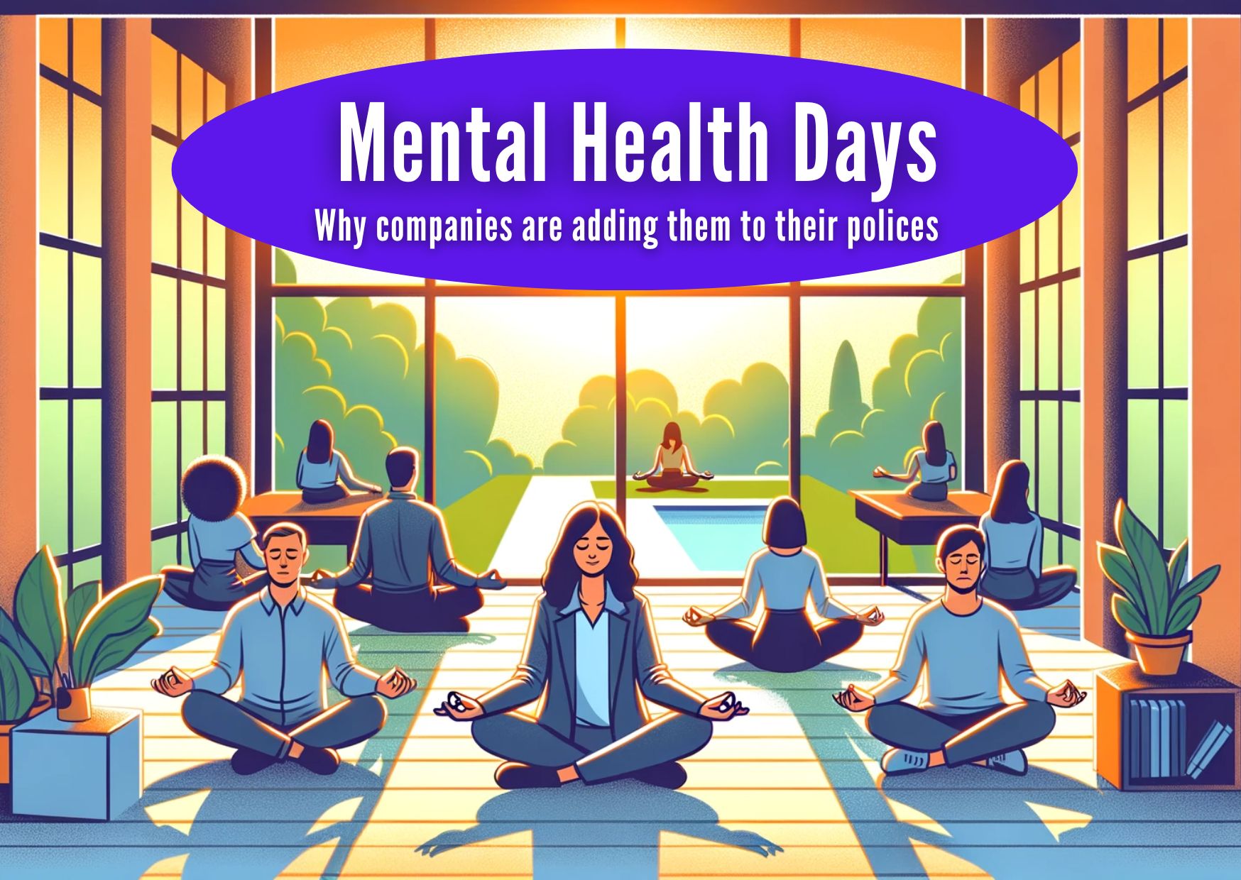 Illustration of diverse employees meditating and relaxing in a spacious office with text saying mental health days