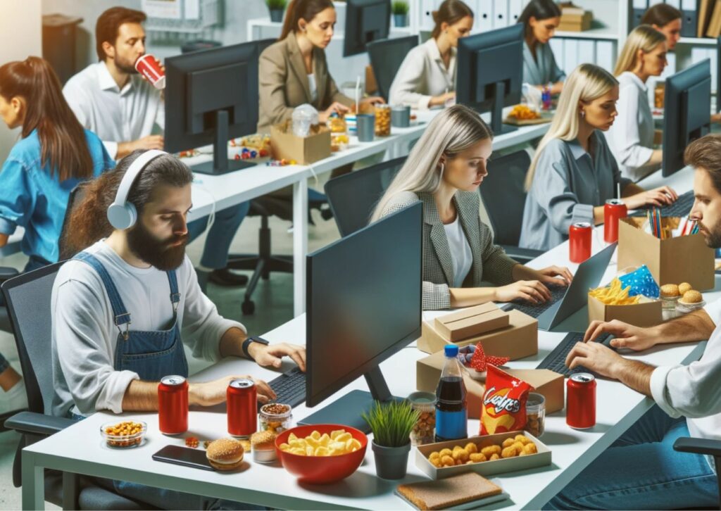 Photo of a crowded office workspace where workers are engrossed in their screens, displaying poor posture, with snacks and sugary drinks on their desk
