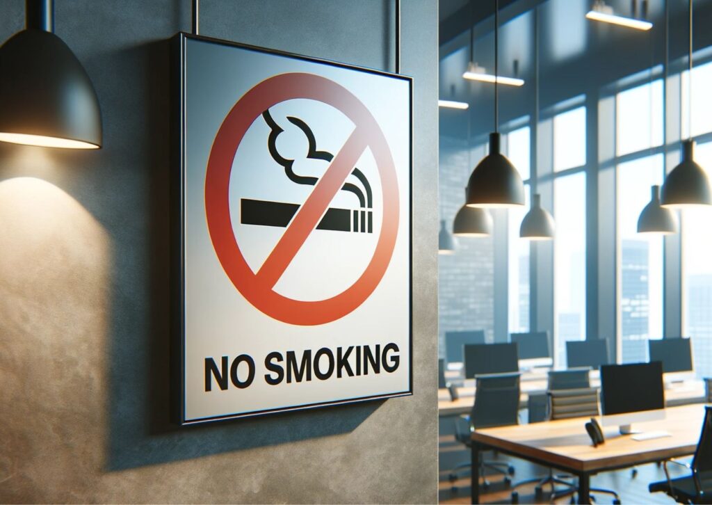 Photo of a prominent 'No Smoking' sign displayed on a modern office wall, with the universal crossed-out cigarette symbol