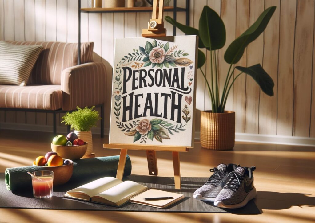 Photo of a serene home setting with the words 'Personal Health' elegantly painted on a canvas on an easel. Next to the easel is a yoga mat with a pair of running trainers