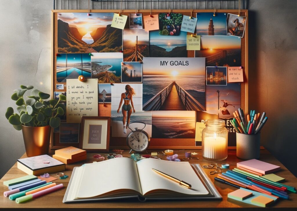 Photo of a serene workspace with a vision board hanging on the wall. The board is filled with images of dream destinations, fitness goals, and inspiration