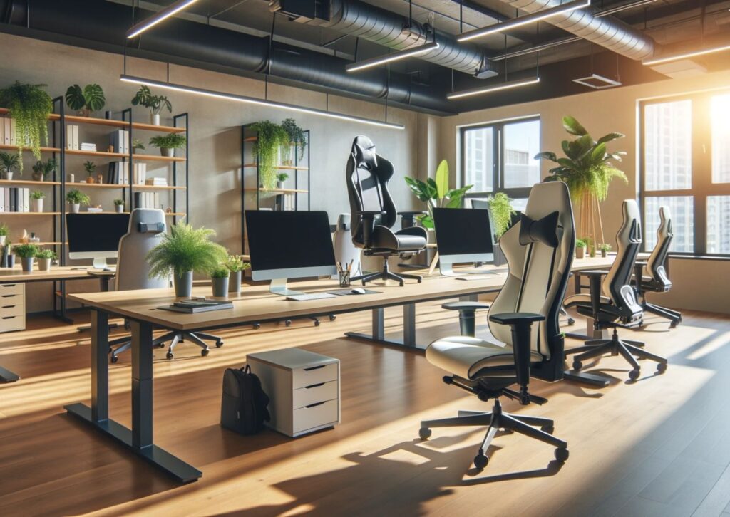 Photo-of-a-well-lit-office-space-with-ergonomic-chairs-standing-desks-and-plants-showcasing-a-focus-on-physical-well-being-and-a-pleasant-environment