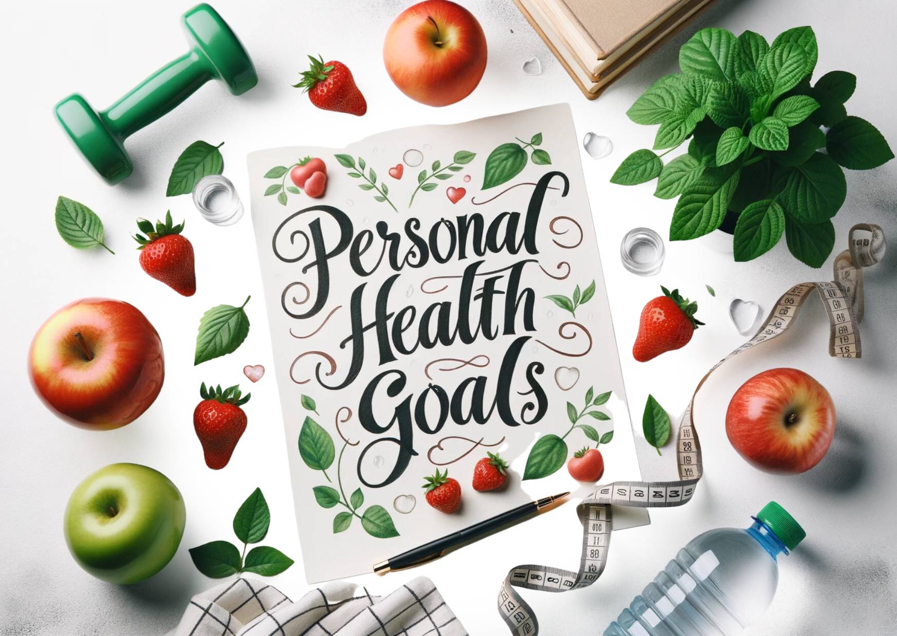 Photo of the words 'Personal Health Goals' written in elegant calligraphy on a pristine white paper. Surrounding the words are various symbols of health