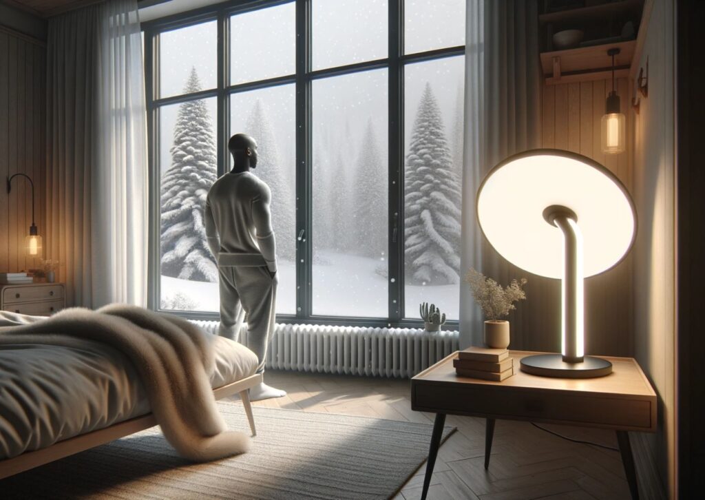 a cozy winter bedroom with large windows, showcasing a snowy landscape outside. An individual of African descent stands near the window with a light therapy lamp in the background