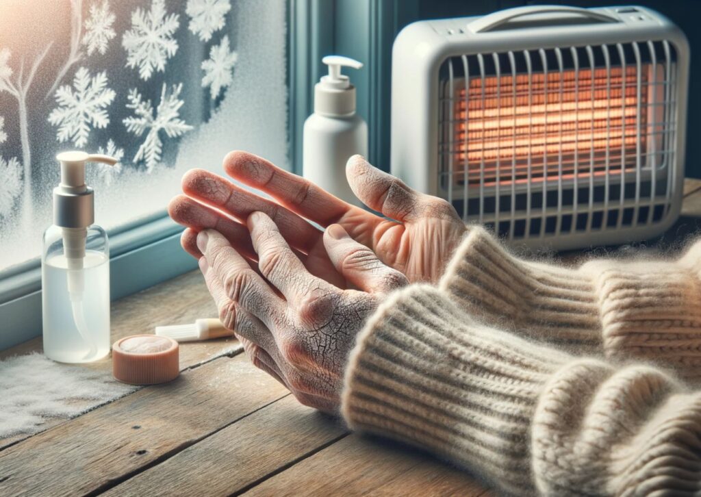 a person's hands, showing visible signs of dryness and cracks due to cold winter air. In the softly lit background, a heater is tur