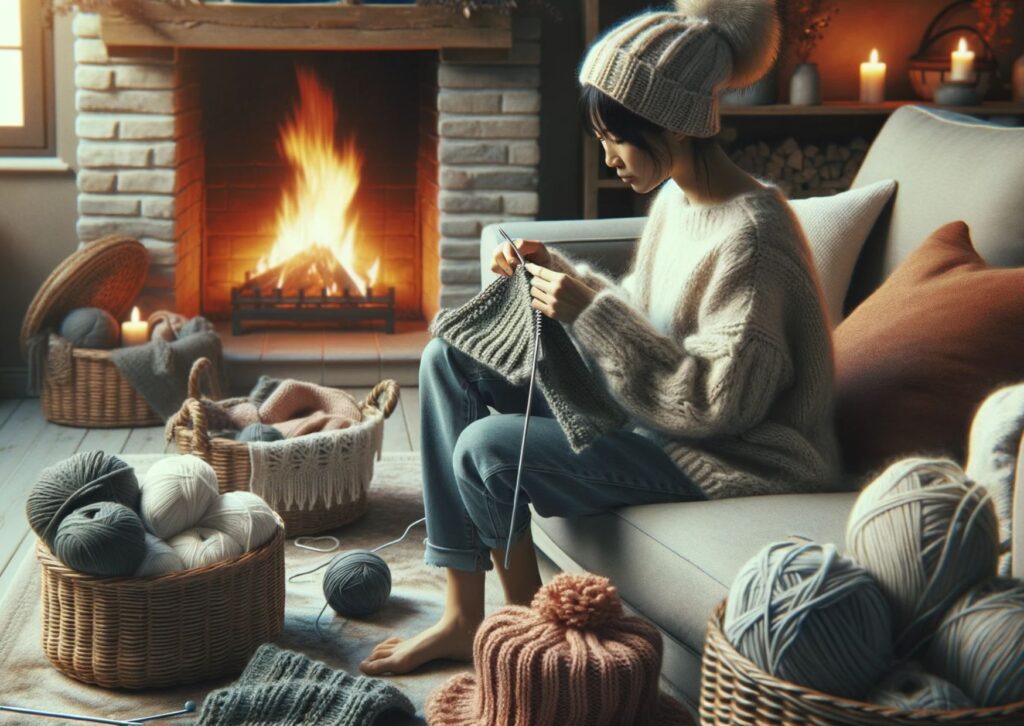 a warm indoor environment during winter. A person of East Asian descent sits on a plush sofa, engrossed in knitting a woolen hat