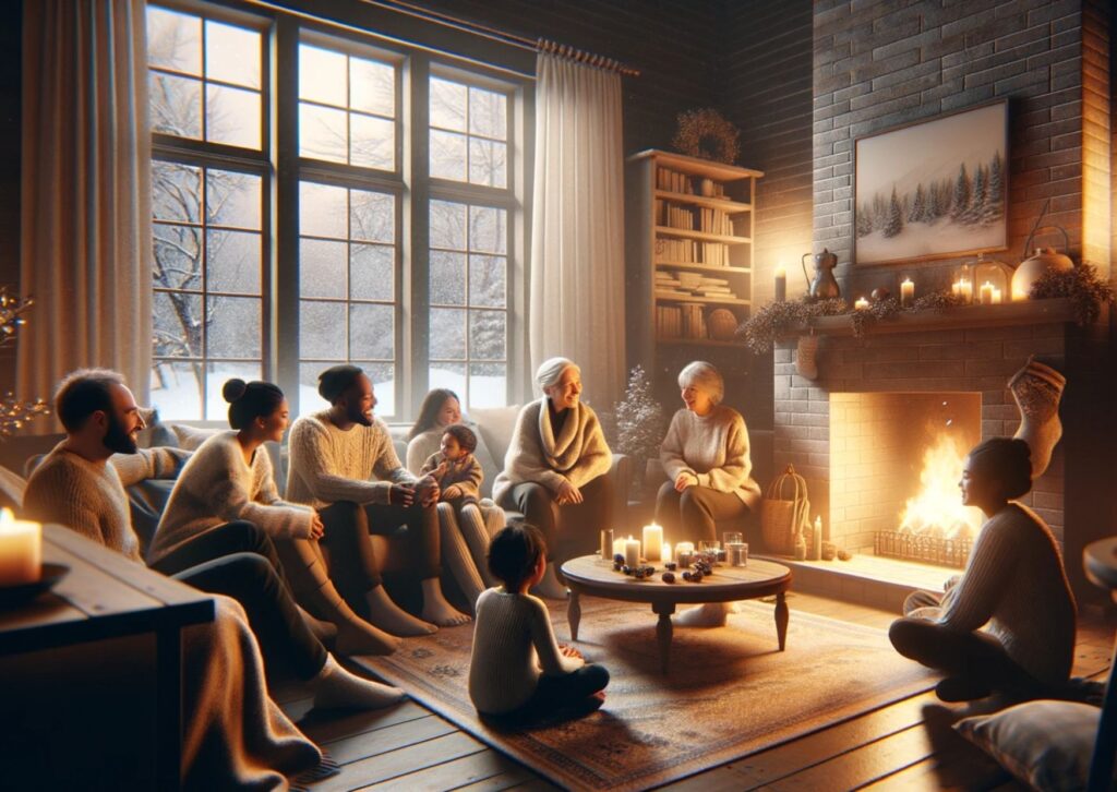 a warm living room setting during winter. A family of diverse descent gathers around a fireplace, sharing stories and laughter.