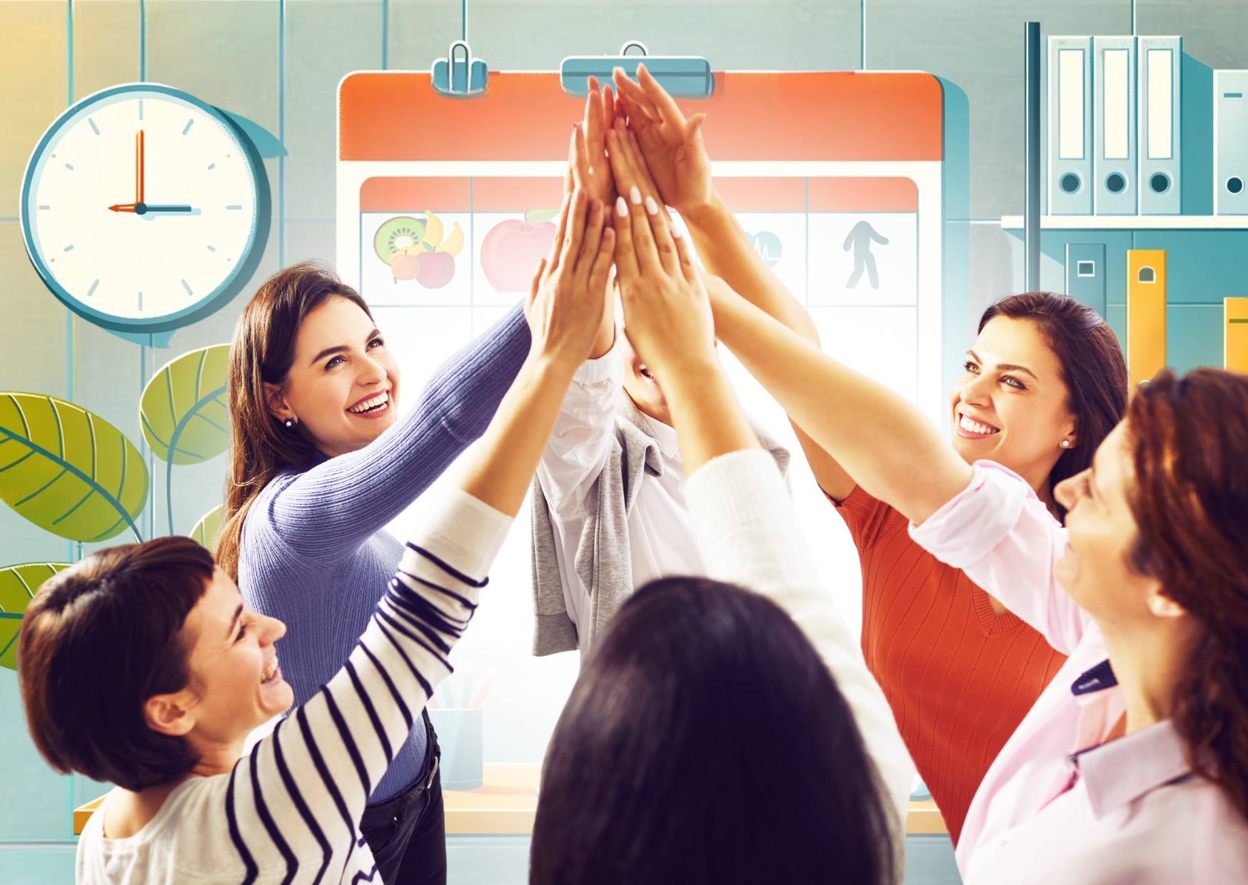 employees-with-hands-in-the-air-with-a-group-high-five-and-a-calendar-in-the-background-with-workplace-healthy-habits