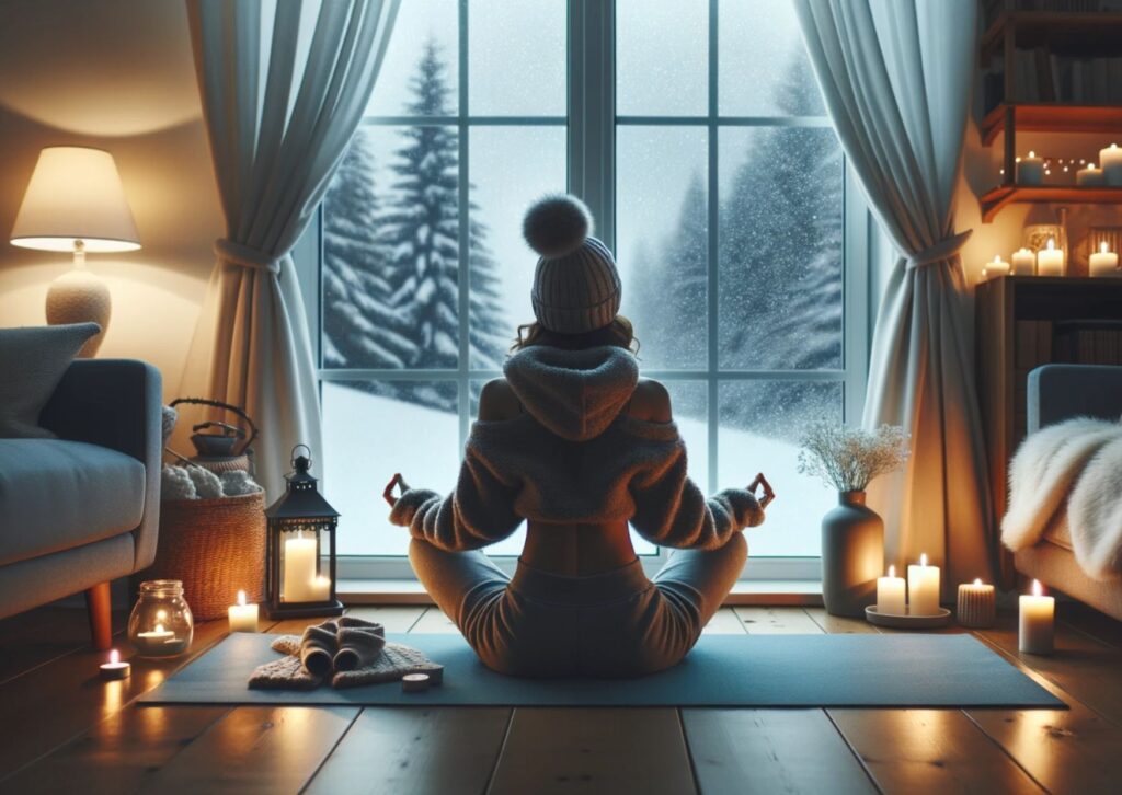lady-meditatingin-winter-with-a-hat-on-in-living-room-and-candles