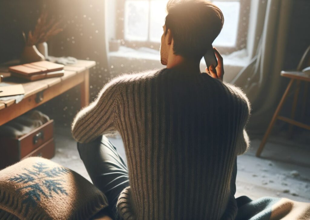 man of Caucasian descent, sitting in a cozy room filled with soft winter light. The focus is on his posture while he is on a phone call