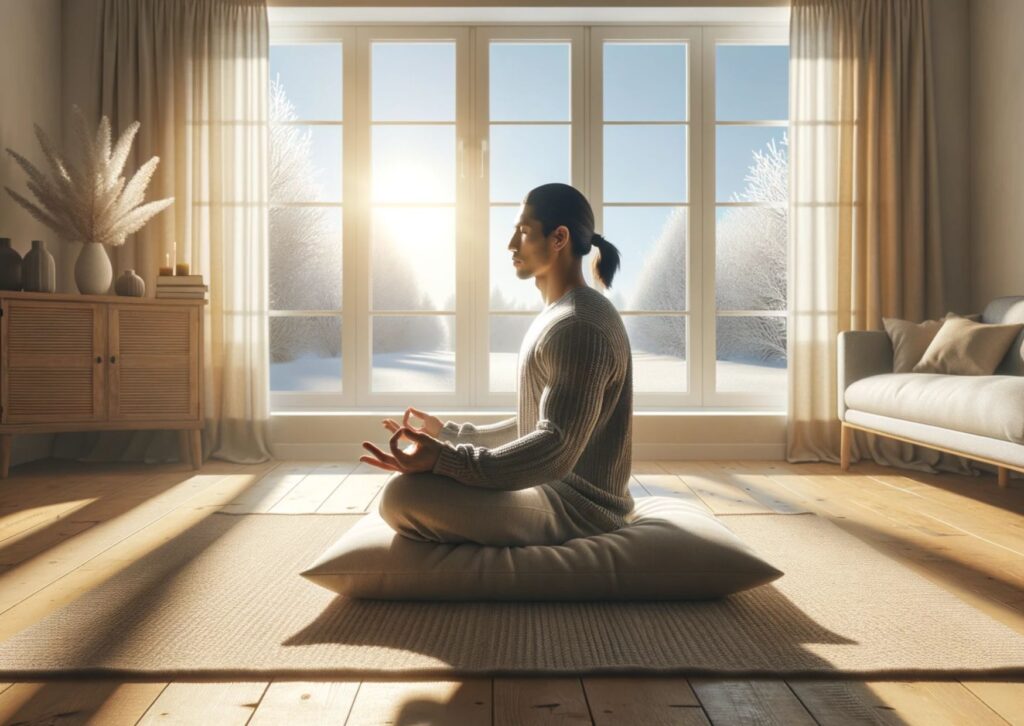 man sitting in a bright, spacious room, practicing meditation. The winter sun illuminates the room