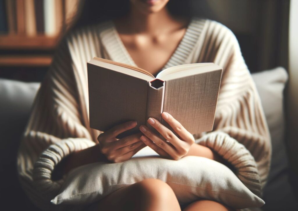 photo focusing on a lady's hands and body as she sits comfortably, deeply engrossed in reading a book. The surroundings hint at a cozy winter evening