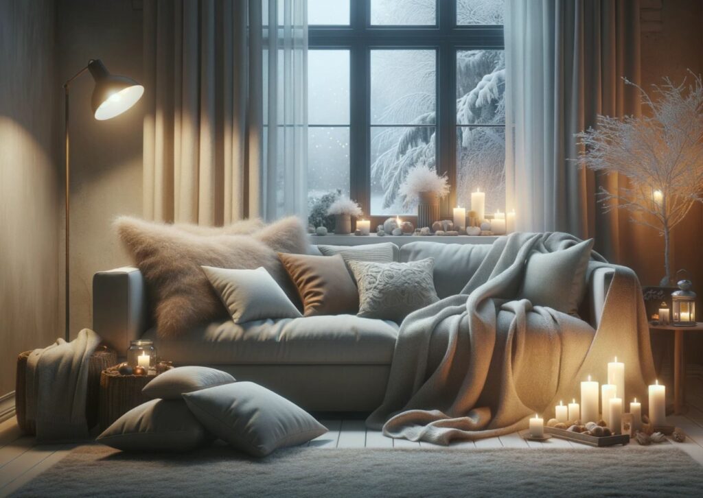 photo of a cozy home environment during winter. A comfortable living room is adorned with soft blankets draped over a plush sofa
