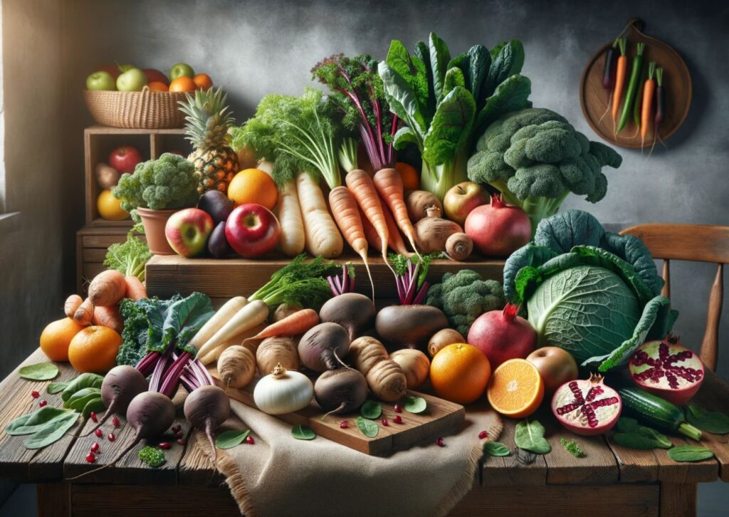 rustic kitchen setting with a wooden table laden with fresh produce. Displayed prominently are root vegetables like carrots etc