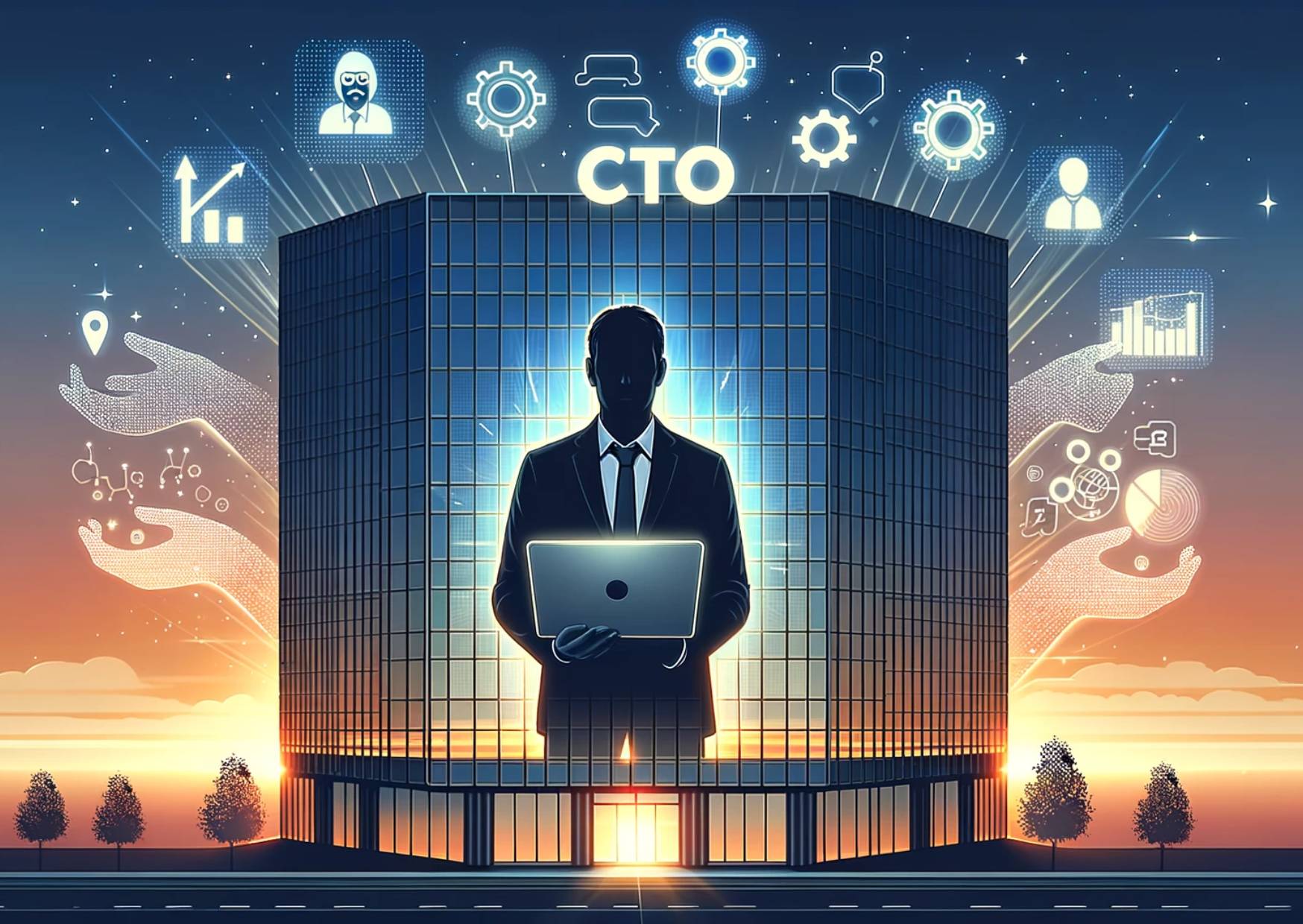 Illustration-of-a-CTO-Silhouette-on-a-corporate-building