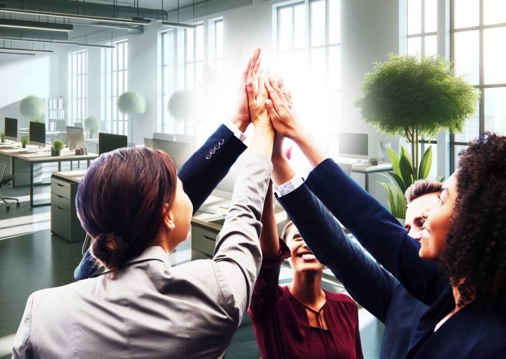 Motivated-employees-with-their-hands-in-the-air-high-fiving-in-a-bright-corporate-environment