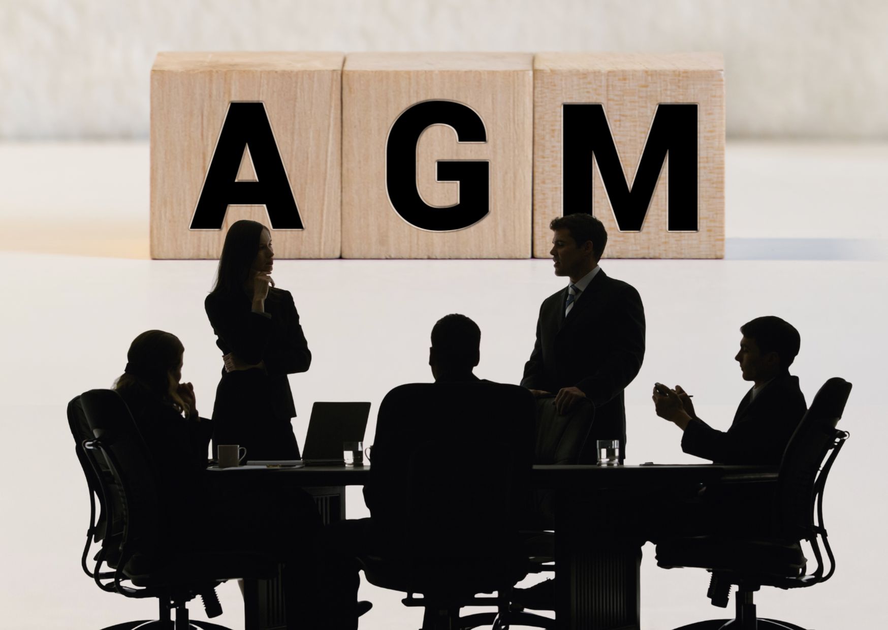 AGM written on blocks in the background with silhouettes of leaders having an annual general meeting