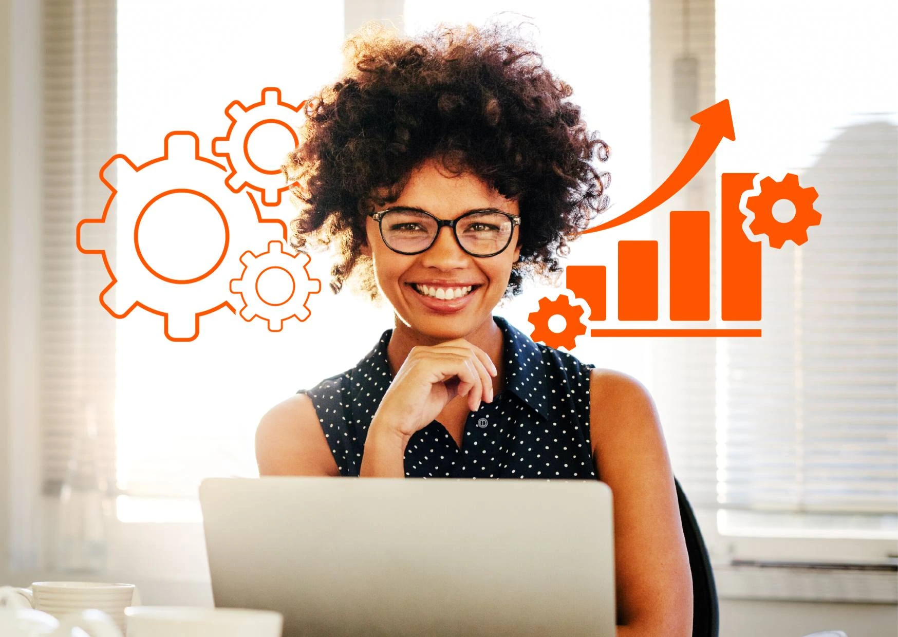 Professional working productively from home with digital productivity tools behind her.