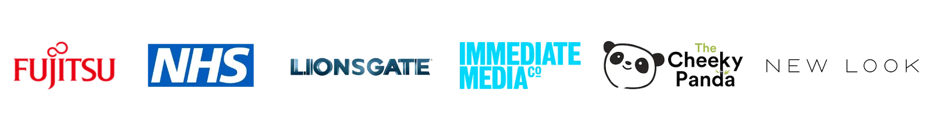 Client logos: Fujitsu, NHS, Lionsgate, Immediate Media, The Cheeky Panda, and New Look.