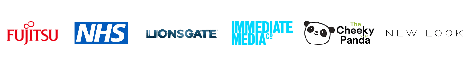 Logos of organisations we’ve worked with: Fujitsu, NHS, Lionsgate, Immediate Media, The Cheeky Panda, New Look.